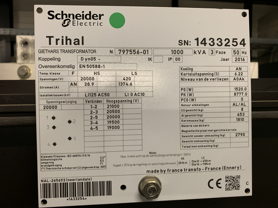 2x 1000 kVA 20 kV / 420 Volt Schneider Trihal transformator 2016
