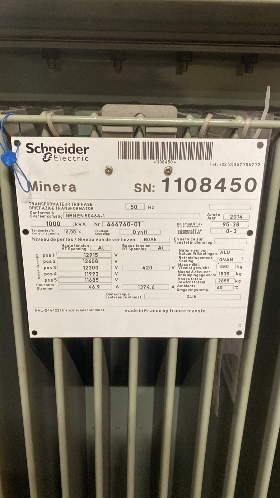 1000 kVA 12 kV / 420 Volt Schneider transformator 2014
